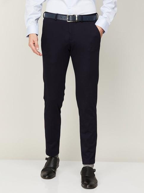 code by lifestyle navy regular fit flat front trousers