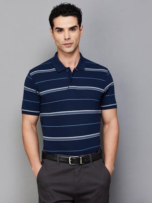 code by lifestyle navy regular fit striped polo t-shirt
