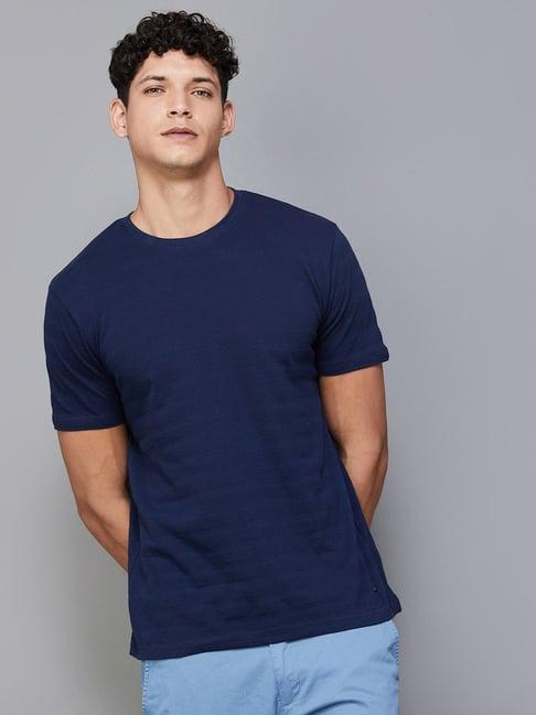 code by lifestyle navy regular fit textured crew t-shirt