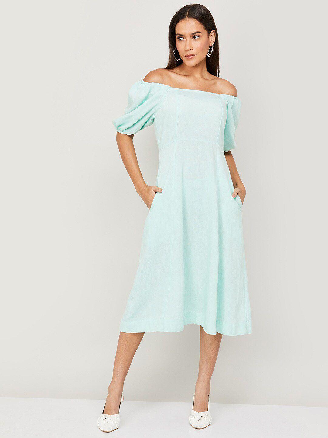 code by lifestyle off-shoulder puff sleeves a-line midi dress