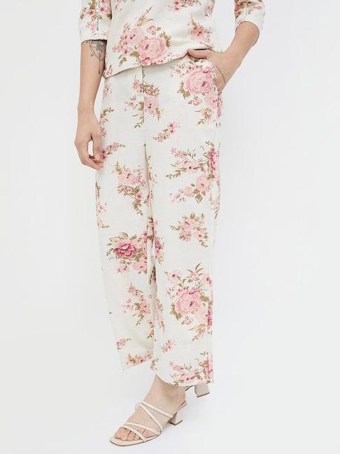 code by lifestyle off white & pink floral print trousers