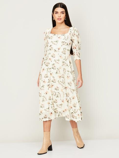 code by lifestyle off-white floral print a-line dress