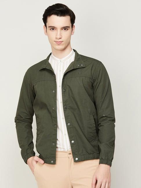code by lifestyle olive cotton regular fit self pattern jacket