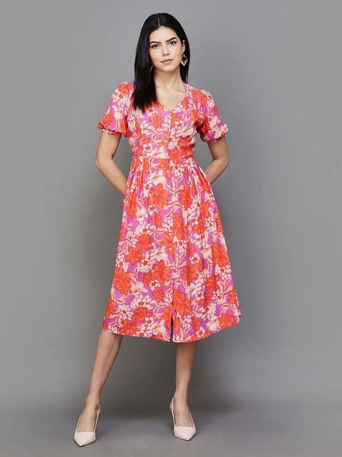 code by lifestyle orange floral print princess panel dress