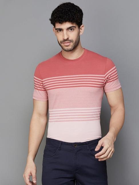 code by lifestyle pink regular fit striped t-shirt
