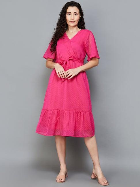 code by lifestyle pink self pattern a-line dress