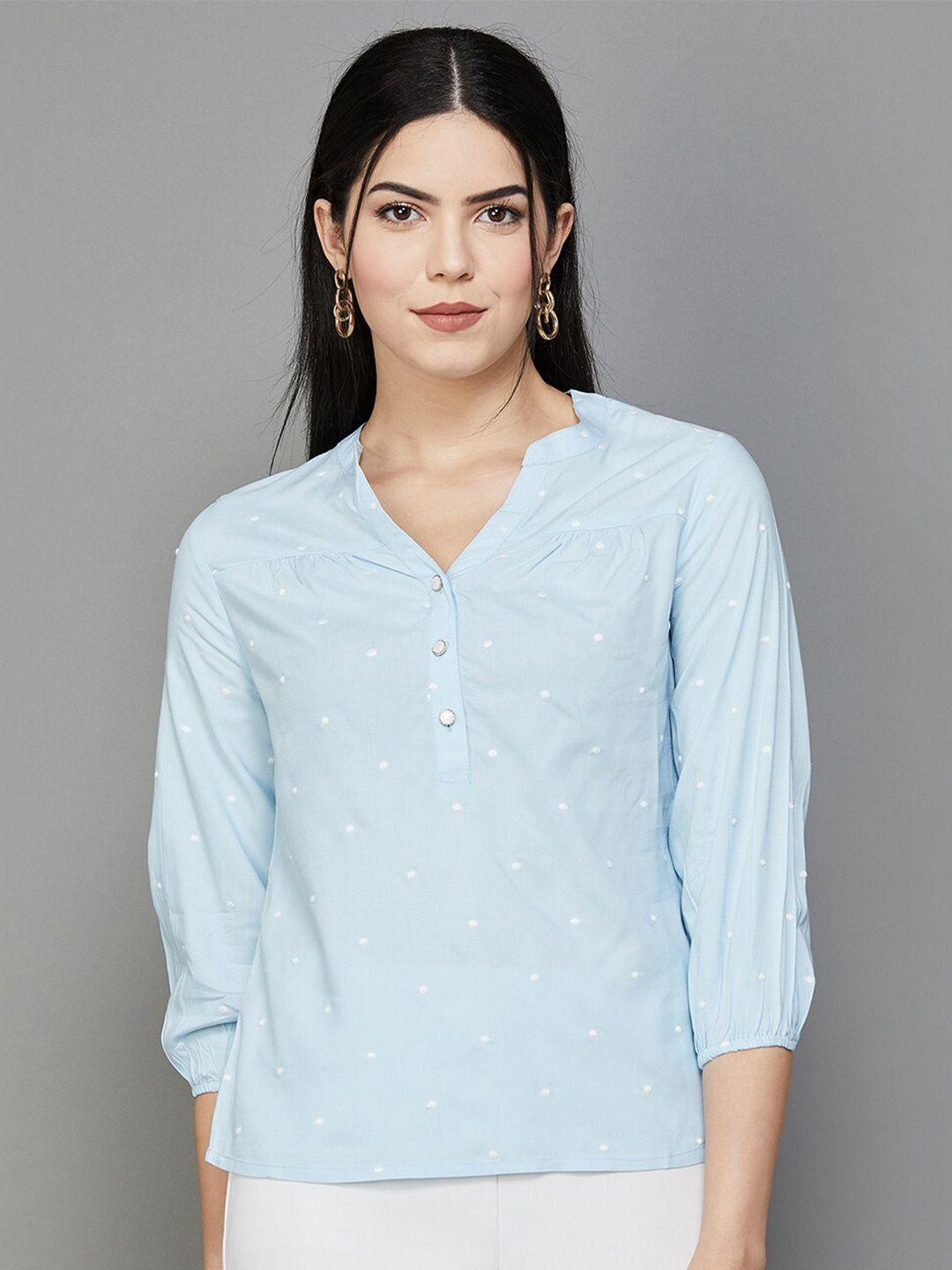 code by lifestyle polka dots embroidered mandarin collar shirt style top