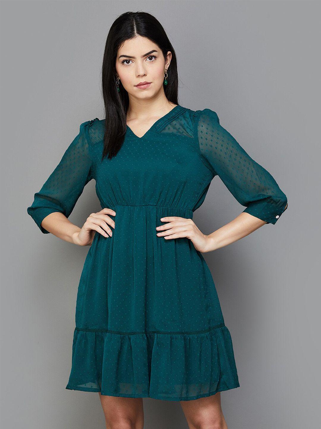 code by lifestyle self design v-neck cuffed sleeves gathered detailed fit & flare dress