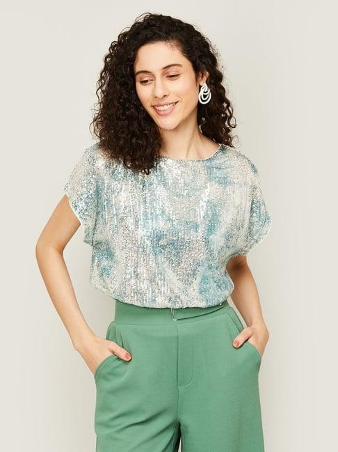 code by lifestyle silver & blue embellished top