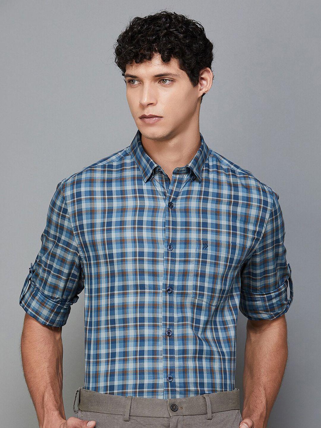 code by lifestyle spread collar slim fit tartan checked casual cotton shirt