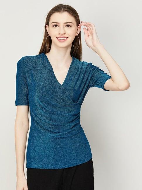 code by lifestyle teal blue v neck top