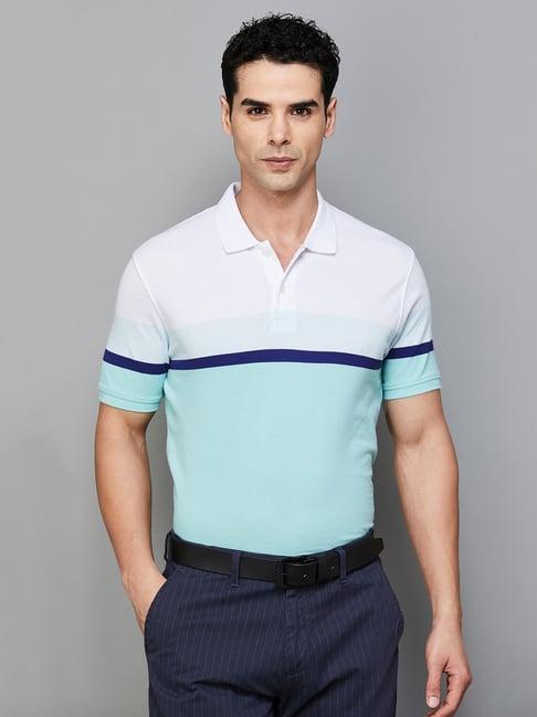 code by lifestyle turquoise regular fit striped polo t-shirt