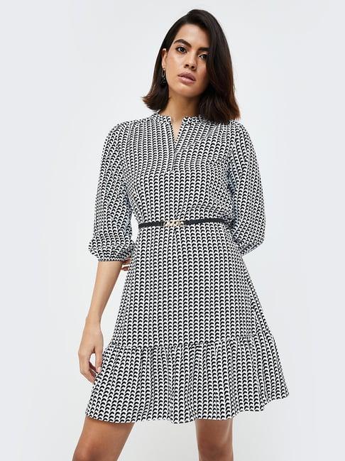 code by lifestyle white & black printed a line dress with belt