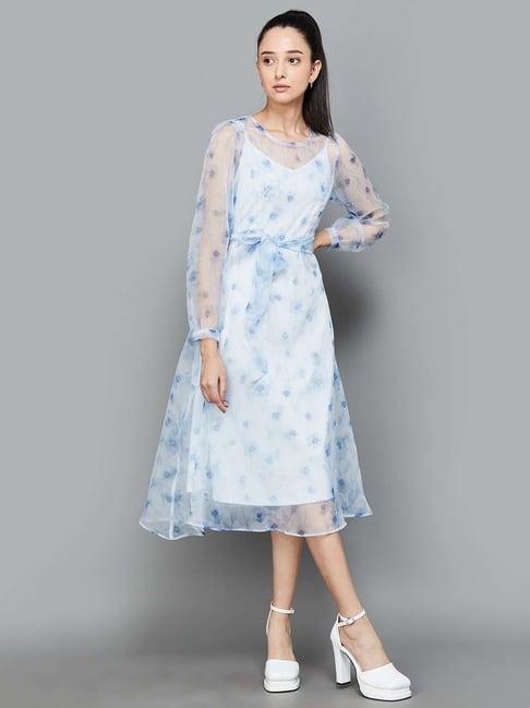 code by lifestyle white & blue floral print a-line dress with inner