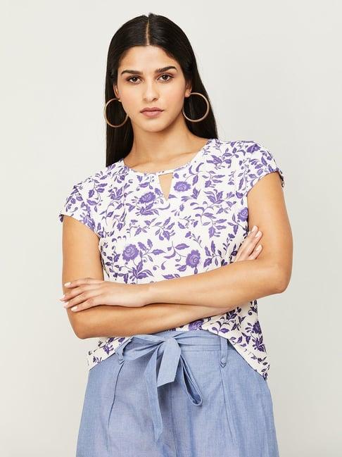 code by lifestyle white & purple floral print top