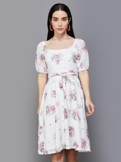 code by lifestyle white floral print a-line dress