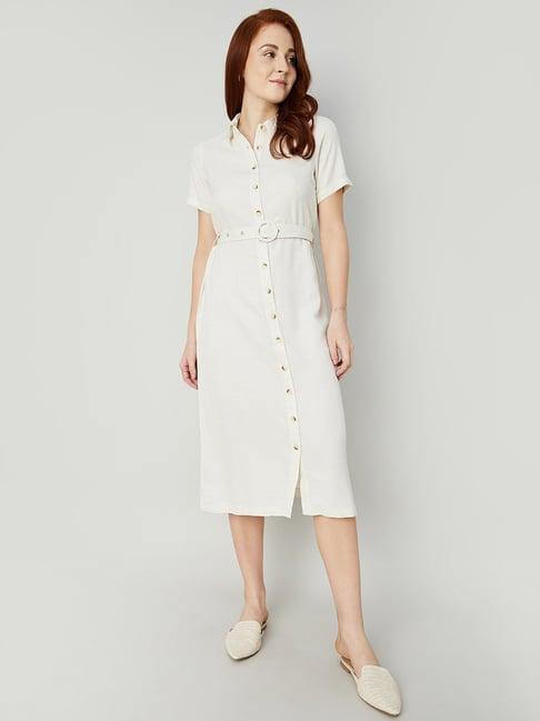 code by lifestyle white regular fit shirt dress with belt