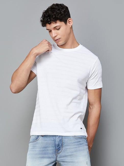 code by lifestyle white regular fit textured crew t-shirt