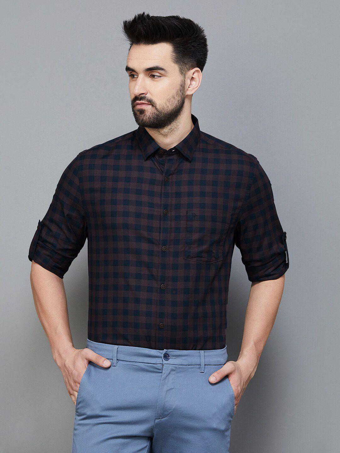 code by lifestyle windowpane checked cotton casual shirt