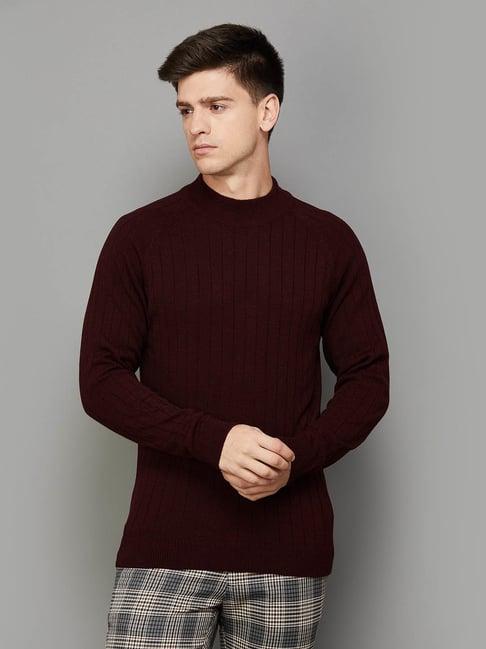 code by lifestyle wine cotton regular fit self pattern sweater