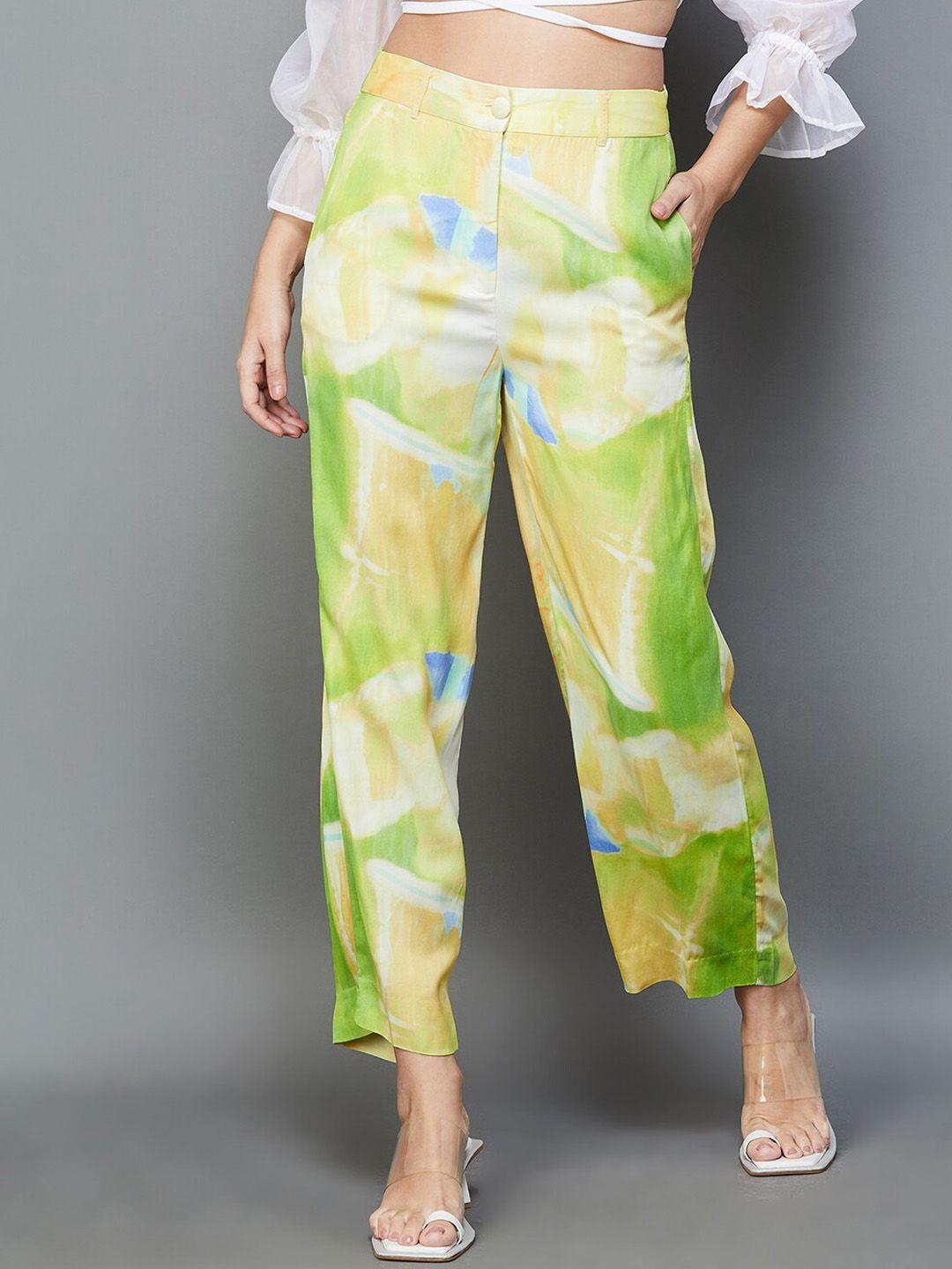code by lifestyle women abstract printed mid-rise parallel trousers