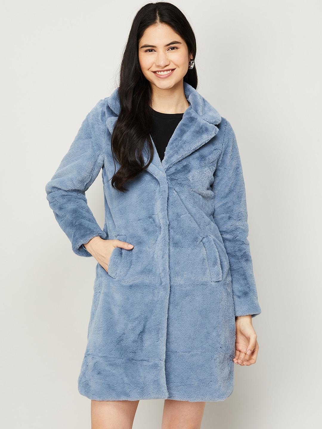 code by lifestyle women blue solid faux fur trim longline parka jacket