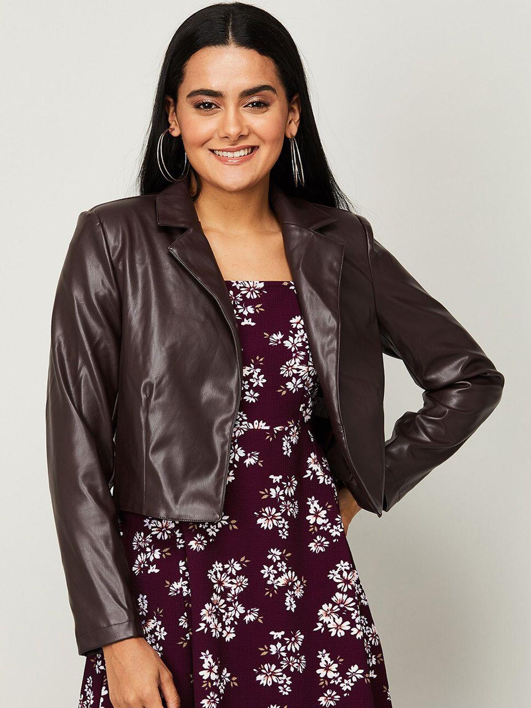 code by lifestyle women brown solid leather biker jacket