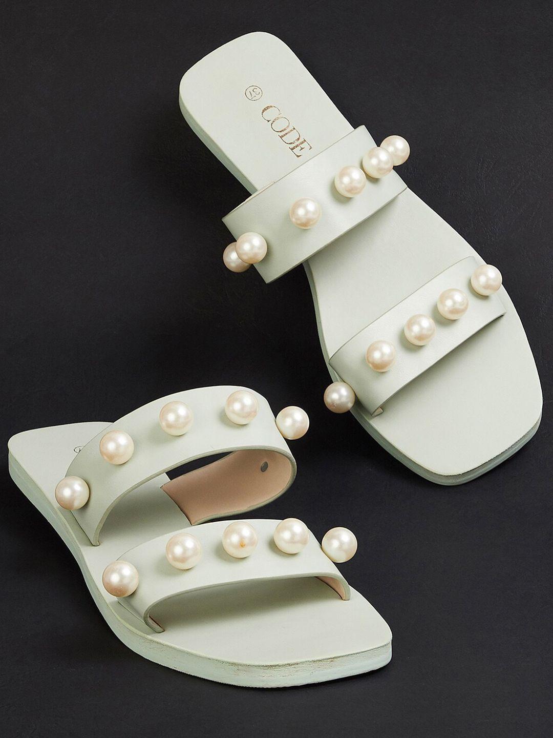 code by lifestyle women green & off white embellished open toe flats