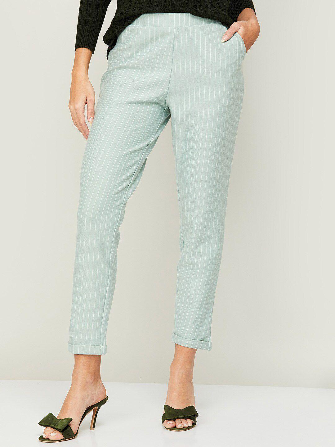 code by lifestyle women green striped slim fit high-rise trousers