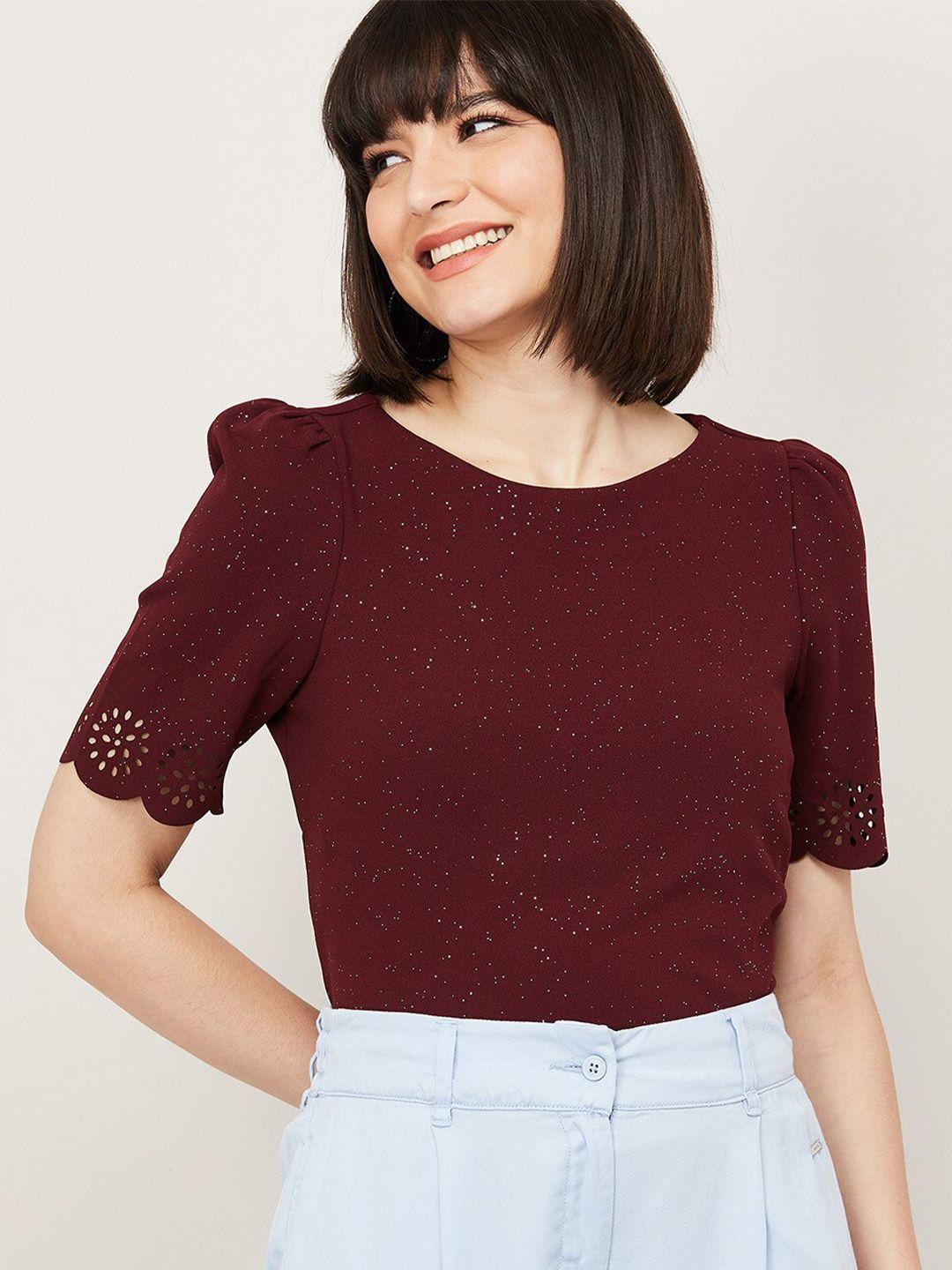 code by lifestyle women maroon solid puff sleeved top