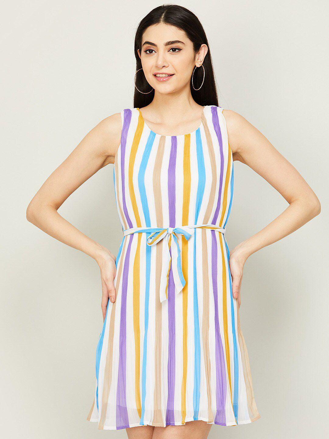code by lifestyle women white & blue striped a-line pure cotton dress