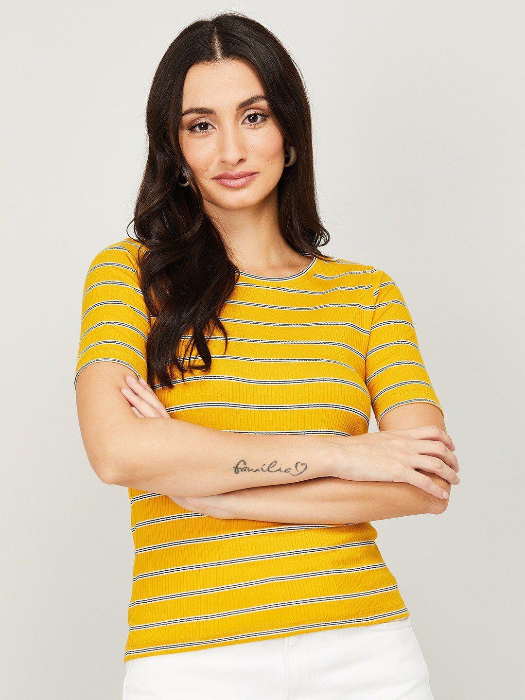 code by lifestyle women yellow striped slim fit t-shirt