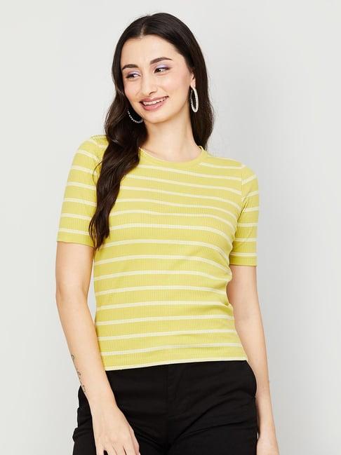 code by lifestyle yellow & white cotton striped top