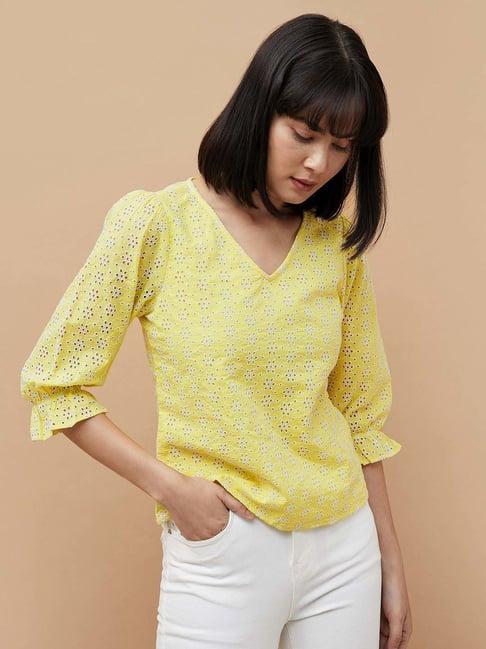 code by lifestyle yellow cotton embroidered top