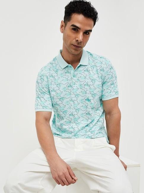 code casual turquoise regular fit printed polo t-shirt