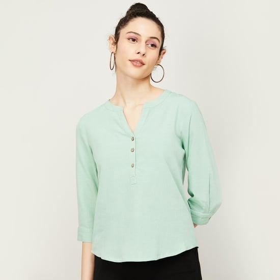 code classic women solid notched neck casual top