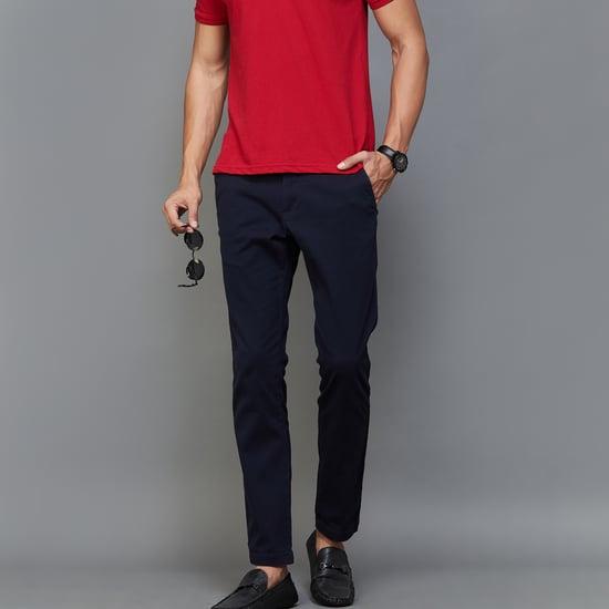 code men solid slim tapered casual trousers
