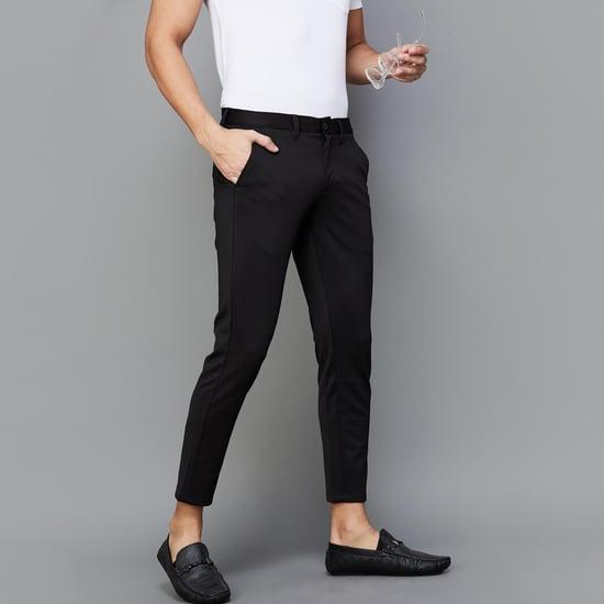 code men solid slim tapered flat front trousers