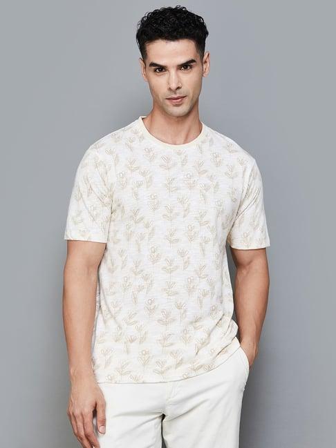 code unwind beige cotton regular fit printed t-shirt