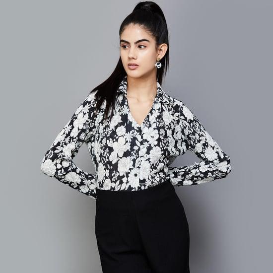 code women floral print collared top