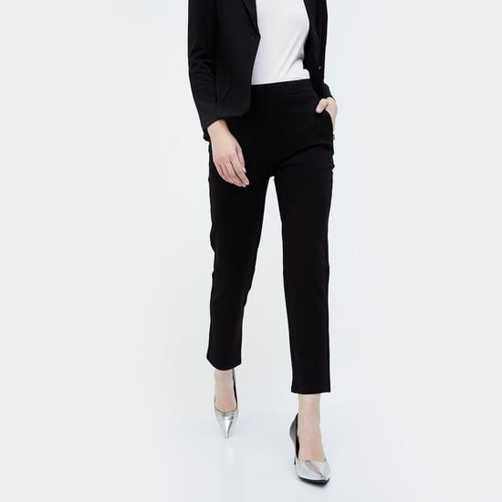 code women solid elasticated straight trousers