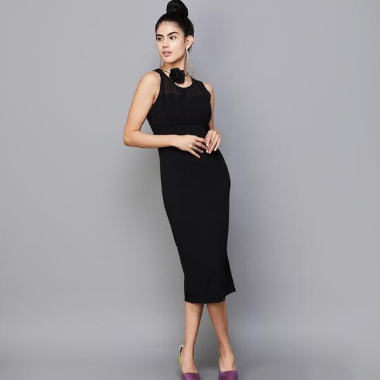 code women solid midi shift dress with tie-up detail