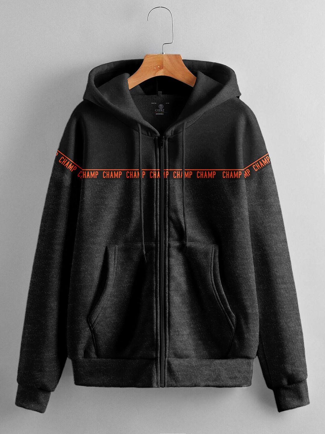 codez boys typography printed hooded front open sweatshirt