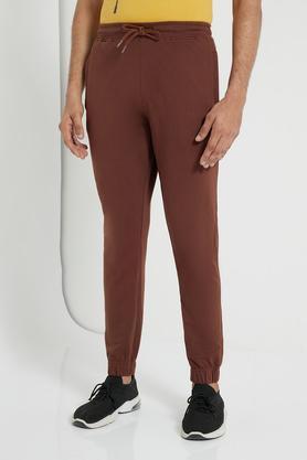 coffee brown solid slim fit joggers with cuffed hem - coffee
