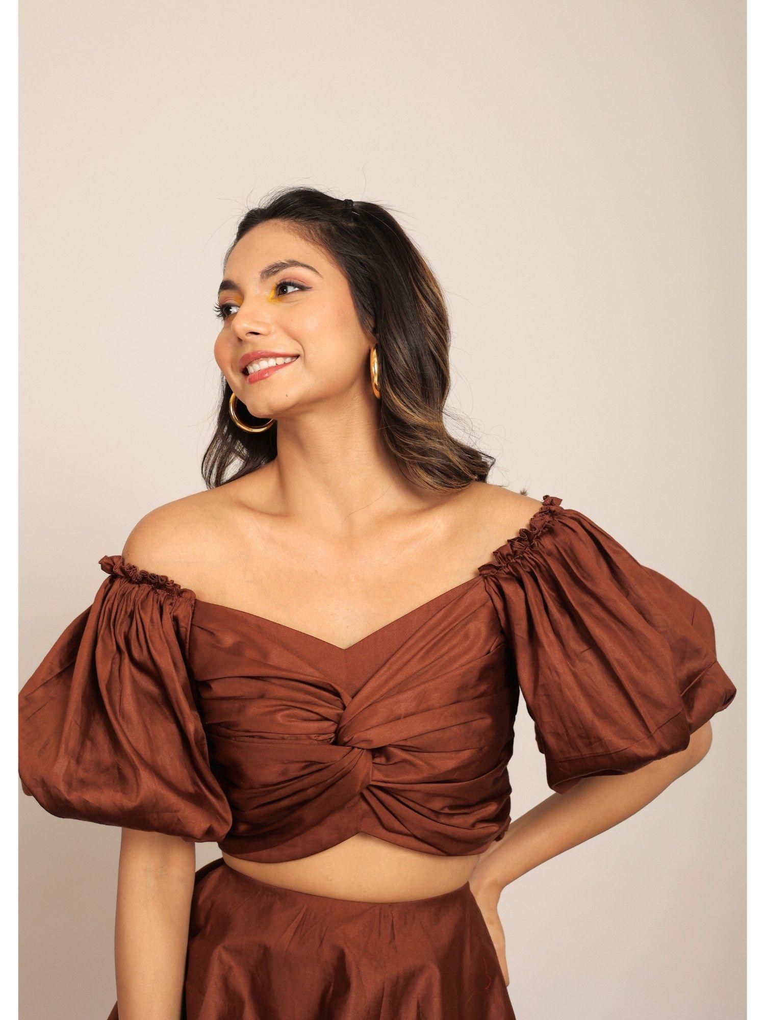 coffee brown bust fitted off sholder crop top