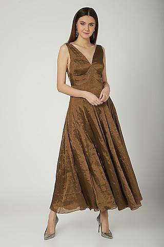 coffee brown chanderi tissue & net handwoven gown for girls