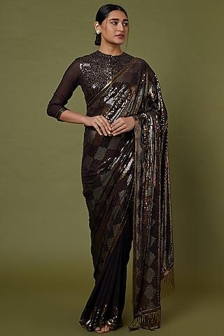 coffee brown chiffon sequins embroidered saree set