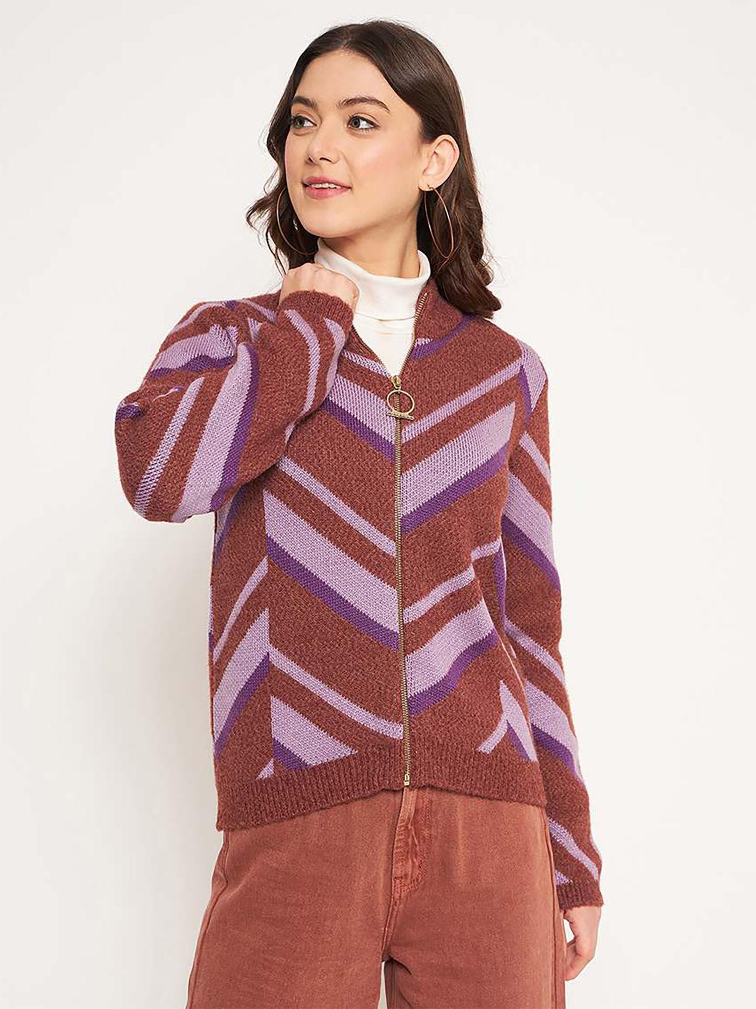 coffee brown colourblocked zipper cardigan