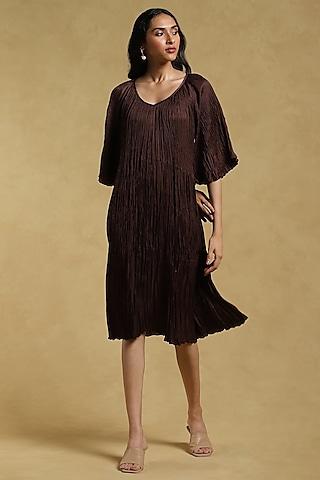 coffee brown dehri satin crinkled dress