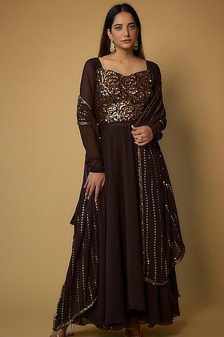 coffee brown georgette embroidered anarkali set